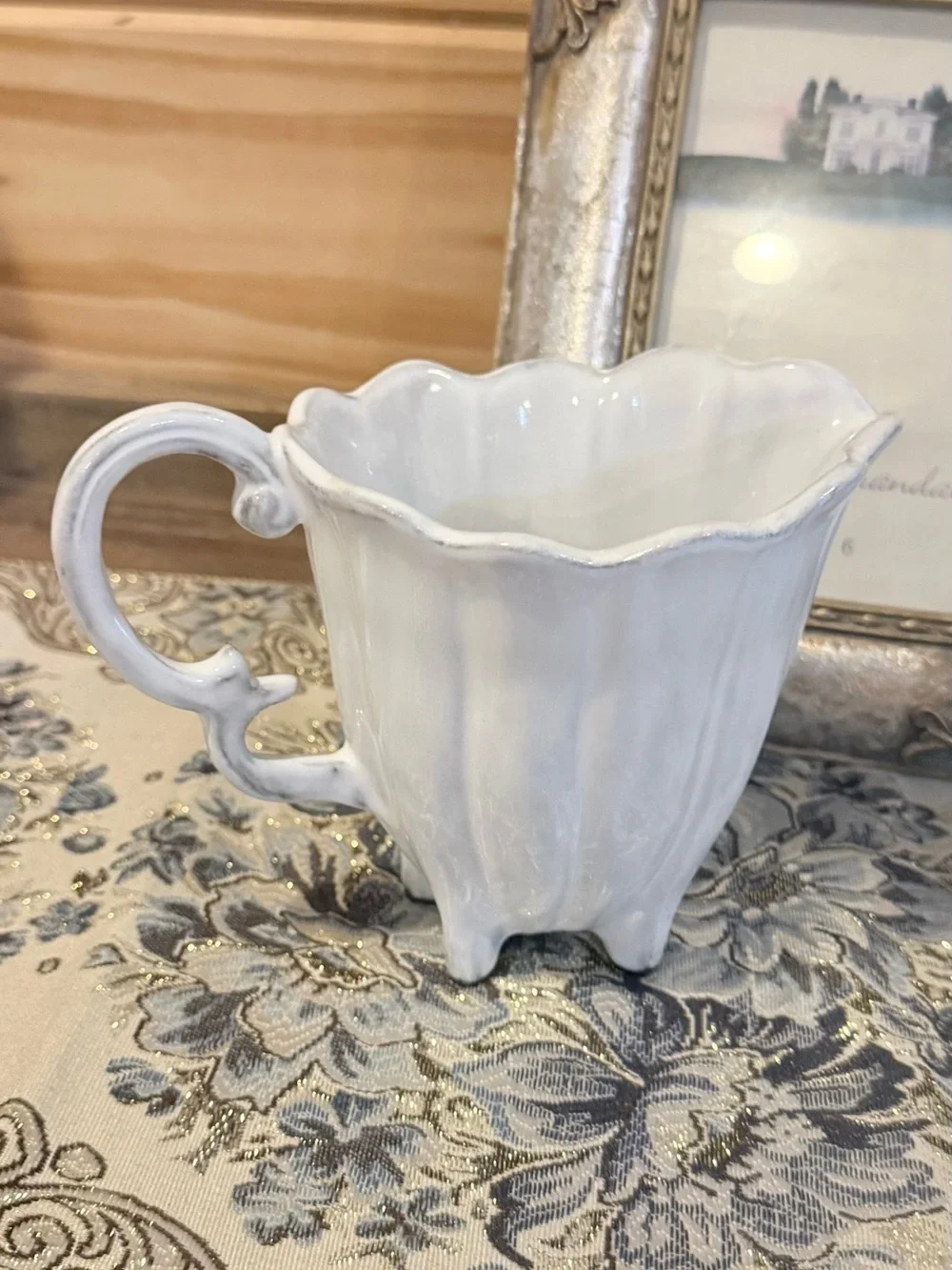 Vietri White Scalloped Ceramic Mug with Decorative Handle
